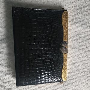 1950 Aprox Black Crocodile Embossed Clutch with Gold Accents